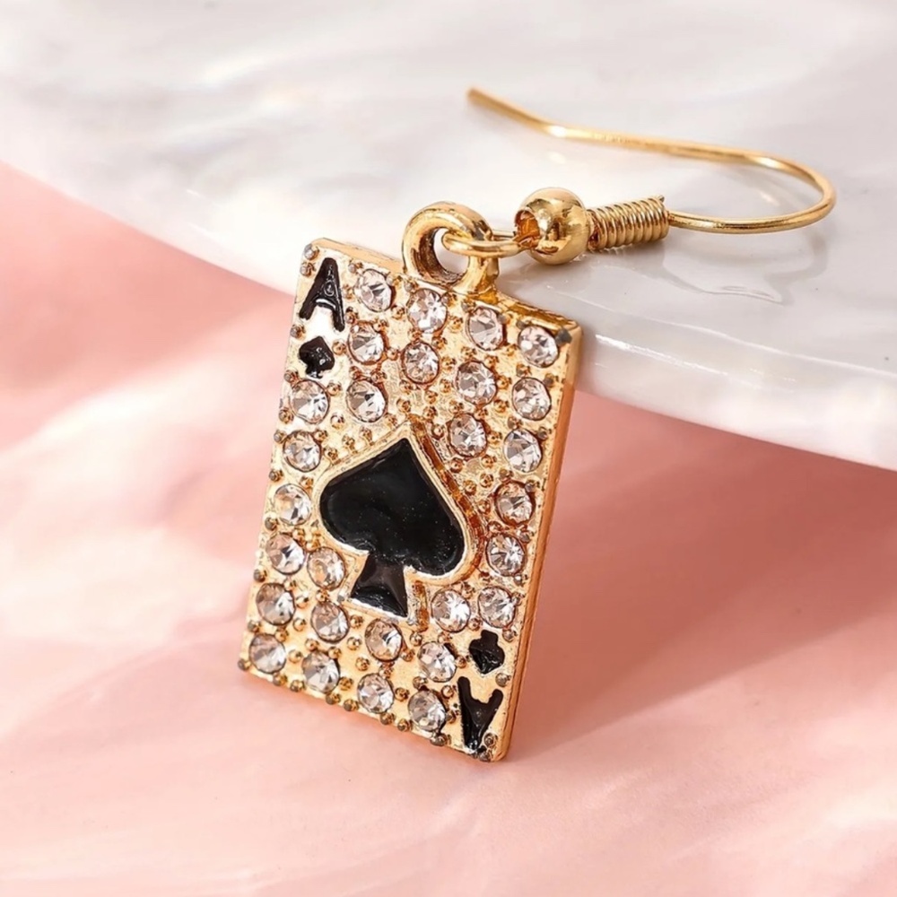 💎 Gold Ace Of Spade ♠️ Playing Card Shiny Crystal Earrings